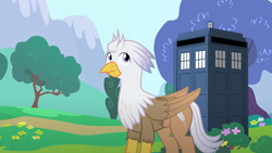 Size: 1280x720 | Tagged: safe, artist:mlp-silver-quill, oc, oc:silver quill, hippogriff, after the fact, after the fact:it ain't easy being breezies, doctor who, scrunchy face, solo, tardis, tree