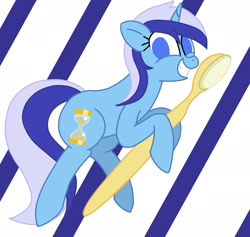 Size: 2048x1940 | Tagged: safe, artist:defg7373, minuette, pony, unicorn, g4, grin, no pupils, smiling, solo, striped background, toothbrush
