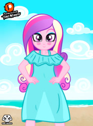 Size: 1280x1734 | Tagged: safe, artist:theminus, dean cadance, princess cadance, human, equestria girls, g4, beach, beach dress, blushing, clothes, dress, female, solo, summer, summer dress, sundress, younger