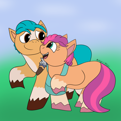 Size: 1080x1080 | Tagged: safe, artist:artyanimated, hitch trailblazer, sunny starscout, earth pony, pony, g5, 2021, duo, duo male and female, female, male, mare, old art, ship:starblazer, shipping, stallion, straight