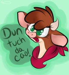 Size: 900x977 | Tagged: safe, artist:toxiccoswynaut, arizona (tfh), cow, them's fightin' herds, angry, arizonadorable, bait, cao, community related, cute, eye clipping through hair, female, funetik aksent, green background, intentional spelling error, madorable, neckerchief, no pupils, open mouth, simple background, solo, talking to viewer, text, touch the cow