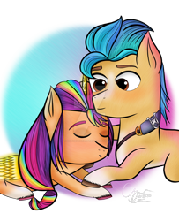 Size: 1280x1578 | Tagged: safe, artist:cathescarlett, hitch trailblazer, sunny starscout, alicorn, earth pony, pony, g5, deviantart watermark, duo, duo male and female, female, male, mane stripe sunny, mare, multicolored hair, obtrusive watermark, race swap, rainbow hair, sheriff's badge, ship:starblazer, shipping, simple background, sleeping, small legs, stallion, straight, sunnycorn, transparent background, watermark