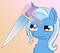 Size: 1700x1500 | Tagged: safe, artist:php176, derpibooru exclusive, trixie, pony, unicorn, g4, art style, art style test, bust, different style, female, glowing, glowing horn, gradient background, happy, holding a weapon, horn, levitation, looking at something, magic, mare, no shading, smiling, smirk, solo, sparkles, stars, sword, telekinesis, weapon