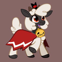 Size: 2048x2048 | Tagged: safe, artist:leafytaffy, lamb, sheep, g4, barely pony related, bell, bell collar, brown background, cloven hooves, collar, cult of the lamb, high res, male, raised hoof, red crown, simple background, solo, style emulation, the lamb (cotl)