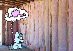 Size: 467x329 | Tagged: safe, fluffy pony, candy, cotton candy, fiberglass, food, impending doom, insulation, looking at something, sitting, this will end in death, this will end in pain, this will end in tears, thought bubble