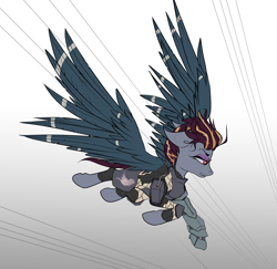 Size: 4337x4210 | Tagged: safe, artist:shade stride, oc, oc only, oc:quicksilver, cyborg, cyborg pony, pegasus, pony, amputee, armor, female, flying, pegasus oc, prosthetic leg, prosthetic limb, prosthetics