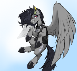 Size: 3000x2771 | Tagged: safe, artist:buvanybu, oc, oc only, oc:riot wind, pegasus, pony, chaos star, clothes, collar, ear piercing, earring, female, flying, gradient background, grenade, high res, jewelry, pegasus oc, piercing, solo, vest