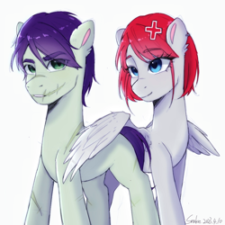 Size: 1080x1080 | Tagged: safe, artist:xiaowu07, oc, oc only, earth pony, pegasus, pony, duo, female, male, scar, shipping, simple background, white background