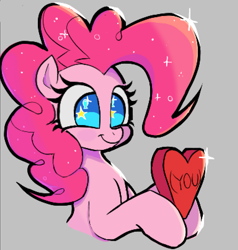 Size: 1483x1558 | Tagged: safe, artist:ponconcarnal, pinkie pie, earth pony, pony, g4, (you), bust, cute, diapinkes, female, gray background, hoof hold, mare, simple background, smiling, solo, sparkles, sparkly eyes, sparkly mane, starry eyes, stars, wingding eyes