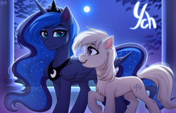 Size: 3400x2180 | Tagged: safe, artist:hakaina, princess luna, oc, alicorn, earth pony, pony, g4, backlighting, chest fluff, colored, column, commission, concave belly, duo, ear fluff, ethereal mane, ethereal tail, female, female symbol, folded wings, height difference, high res, large wings, leg fluff, long mane, long tail, looking at each other, looking at someone, male symbol, mare, moon, night, open mouth, open smile, peytral, raised hoof, shading, side view, signature, slender, smiling, starry sky, tail, teeth, thin, unshorn fetlocks, walking, wings, ych sketch, your character here