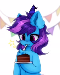 Size: 1632x2048 | Tagged: safe, artist:lerkfruitbat, oc, oc only, oc:nohra, earth pony, pony, belly, belly button, birthday cake, cake, chest fluff, chocolate cake, cute, ear fluff, female, food, fork, holding, mare, mouth hold, ocbetes, plate, signature, simple background, solo, stars, white background