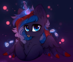 Size: 2048x1740 | Tagged: safe, artist:lerkfruitbat, oc, oc only, alicorn, pony, alicorn oc, cheek fluff, chest fluff, colored wings, colored wingtips, commission, cookie, cute, ear fluff, female, food, glowing, glowing horn, horn, levitation, looking at you, magic, magic aura, mare, ocbetes, signature, solo, spread wings, telekinesis, wings