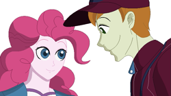 Size: 677x379 | Tagged: safe, artist:nathaniel718, coach rommel, pinkie pie, human, equestria girls, g4, cap, clothes, duo, female, hat, looking at each other, looking at someone, male, ship:rommelpie, shipping, simple background, white background