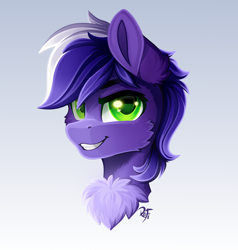 Size: 2000x2100 | Tagged: safe, artist:rainbowfire, oc, oc only, oc:proudy hooves, earth pony, pony, bust, cheek fluff, chest fluff, cute, ear fluff, earth pony oc, eyebrows, fluffy, gradient background, green eyes, high res, looking at you, male, purple hair, smiling, solo, stallion