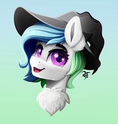 Size: 2000x2100 | Tagged: safe, artist:rainbowfire, oc, oc only, pony, bust, cheek fluff, chest fluff, cute, ear fluff, female, gradient background, hat, high res, looking at you, open mouth, purple eyes, smiling, solo, witch hat