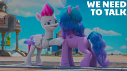 Size: 1280x720 | Tagged: safe, edit, edited screencap, editor:quoterific, screencap, izzy moonbow, zipp storm, pegasus, pony, unicorn, g5, hoof done it?, my little pony: make your mark, my little pony: make your mark chapter 2, spoiler:my little pony: make your mark, spoiler:my little pony: make your mark chapter 2, spoiler:mymc02e07, bipedal, bipedal leaning, bracelet, butt, detective zipp, dialogue, duo, english, female, folded wings, friendship bracelet, gritted teeth, horn, jewelry, leaning, looking at each other, looking at someone, mare, plot, teeth, touch, wings