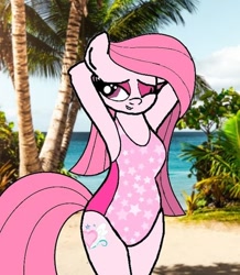 Size: 480x550 | Tagged: safe, artist:muhammad yunus, oc, oc only, oc:annisa trihapsari, anthro, anthro oc, beach, clothes, eyeshadow, female, grin, hair, hooves, legs together, long hair, makeup, mare, not pinkamena, one eye closed, one-piece swimsuit, photo, smiling, solo, summer, swimsuit