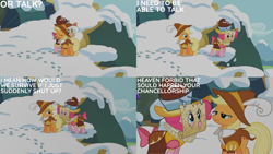 Size: 2000x1125 | Tagged: safe, edit, edited screencap, editor:quoterific, screencap, applejack, chancellor puddinghead, pinkie pie, smart cookie, earth pony, pony, g4, hearth's warming eve (episode), map, snow
