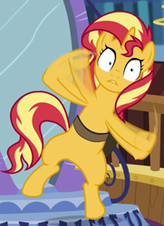 Size: 449x619 | Tagged: safe, screencap, sunset shimmer, pony, unicorn, equestria girls, equestria girls specials, g4, my little pony equestria girls: better together, my little pony equestria girls: forgotten friendship, bag, bipedal, cropped, in the human world for too long, magic mirror, saddle bag, solo, twilight's castle