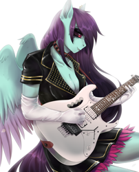 Size: 2100x2600 | Tagged: safe, artist:serodart, oc, oc only, oc:#c0ffee, pegasus, anthro, black sclera, breasts, choker, cleavage, clothes, commission, cosplay, costume, electric guitar, emo, female, gloves, guitar, high res, ibanez, musical instrument, piercing, rule 63, simple background, skirt, smiling, solo, white background, wings, yakuza