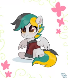 Size: 1316x1511 | Tagged: safe, artist:petaltwinkle, oc, oc only, pegasus, pony, clothes, cute, flower, hoodie, mole, ocbetes, signature, simple background, sitting, solo, white background