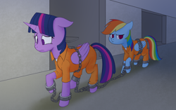 Size: 1862x1166 | Tagged: safe, artist:hitsuji, rainbow dash, twilight sparkle, alicorn, pony, g4, bound wings, chained, chains, clothes, cuffed, cuffs, frustrated, jail, jumpsuit, never doubt rainbowdash69's involvement, prison, prison outfit, prisoner rd, prisoner ts, sad, shackles, shirt, twilight sparkle (alicorn), undershirt, wings