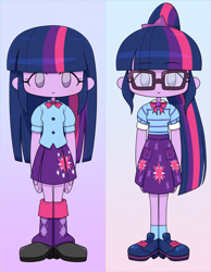 Size: 1540x1980 | Tagged: safe, artist:batipin, sci-twi, twilight sparkle, human, equestria girls, g4, chibi, duality, female, gradient background, no nose, solo