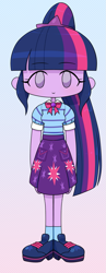 Size: 767x1976 | Tagged: safe, alternate version, artist:batipin, sci-twi, twilight sparkle, human, equestria girls, g4, chibi, female, gradient background, missing accessory, no glasses, no nose, solo