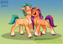 Size: 2483x1751 | Tagged: safe, artist:dragonfoxgirl, hitch trailblazer, sunny starscout, earth pony, pony, g5, 2021, blaze (coat marking), braid, coat markings, concave belly, cute, duo, duo male and female, facial markings, female, hitchbetes, male, mare, old art, ship:starblazer, shipping, snuggling, socks (coat markings), stallion, straight, sunnybetes, unshorn fetlocks