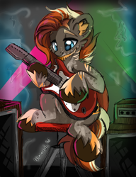 Size: 2890x3762 | Tagged: safe, artist:woonborg, oc, oc:living flame, earth pony, pony, amplifier, earth pony oc, electric guitar, guitar, high res, male, musical instrument, solo