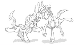 Size: 1648x972 | Tagged: safe, artist:jack107401, autumn blaze, bori the reindeer, deer, kirin, reindeer, g4, cloven hooves, dancing, duo, grayscale, monochrome, simple background, smiling, white background