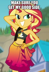 Size: 500x736 | Tagged: safe, edit, edited screencap, screencap, sunset shimmer, human, equestria girls, equestria girls specials, g4, my little pony equestria girls: better together, my little pony equestria girls: forgotten friendship, caption, clothes, female, image macro, solo, sunset selfie, swimsuit, text