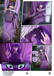Size: 1500x2122 | Tagged: safe, artist:deroach, twilight sparkle, oc, oc:daylight, human, comic:tales from equestria part 1, equestria project humanized, equestria girls, g4, clothes, comic, cutie mark on clothes, fanfic, glowing, glowing eyes, humanized, implied starlight glimmer, jacket, midnight sparkle, school of friendship, shattered glass, tinyface, twilight snapple, winged humanization, wings