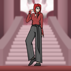 Size: 5000x5000 | Tagged: safe, artist:deroach, oc, oc:crimson courage, human, equestria project humanized, abstract background, belt, breasts, cleavage, clothes, fanfic, fanfic art, humanized, long sleeves, pants, ponytail, red hair