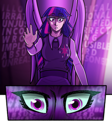 Size: 3953x4347 | Tagged: safe, artist:deroach, twilight sparkle, alicorn, human, equestria project humanized, equestria girls, g4, clothes, cutie mark on clothes, fanfic, fanfic art, glowing, glowing eyes, humanized, midnight sparkle, twilight snapple, winged humanization, wings