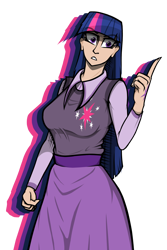 Size: 2000x3000 | Tagged: safe, artist:deroach, twilight sparkle, human, equestria project humanized, g4, abstract background, angry, clothes, cutie mark on clothes, fanfic, fanfic art, high res, humanized, modern art, pop art, simple background, transparent background