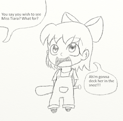 Size: 711x699 | Tagged: safe, artist:mrstart, apple bloom, human, g4, adorabloom, baseball bat, chibi, cute, dragon ball, dragonball z abridged, humanized, sketch, solo, speech bubble, text