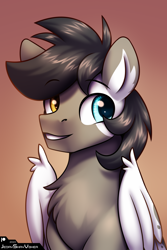 Size: 2000x3000 | Tagged: safe, artist:jedayskayvoker, oc, oc:cloudy days, pegasus, pony, bust, chest fluff, cute, eyebrows, folded wings, gradient background, heterochromia, high res, icon, male, pegasus oc, portrait, smiling, solo, stallion, wings