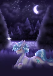 Size: 1423x2048 | Tagged: safe, artist:novadraws19205, oc, oc only, pony, unicorn, crescent moon, forest, lying down, moon, night, prone, solo, stars