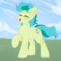 Size: 2000x2000 | Tagged: safe, artist:thieftea, sandbar, earth pony, pony, g4, cloud, eyes closed, grass, happy, high res, male, open mouth, open smile, raised hoof, simple background, smiling, solo, stallion, tail, windswept mane, windswept tail