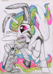 Size: 2872x4000 | Tagged: safe, artist:ja0822ck, princess celestia, alicorn, pony, rabbit, g4, animal, bunny ears, bunny suit, bunnylestia, clothes, easter egg, simple background, traditional art