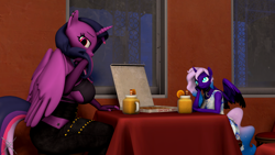 Size: 3840x2160 | Tagged: safe, artist:nightmarezoroark, oc, oc:lunar eclipse, oc:midnight sparkle, alicorn, anthro, comic:love doves, 3d, breasts, clothes, date, dress, high res, size difference, source filmmaker, underboob