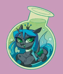 Size: 1265x1483 | Tagged: safe, artist:dodsie, queen chrysalis, changeling, changeling queen, g4, baneposting in the comments, bottle, chibi, looking at you, open mouth, open smile, pony in a bottle, smiling, solo