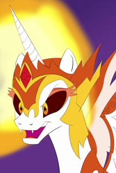 Size: 2362x3543 | Tagged: safe, artist:пшеница, derpibooru exclusive, daybreaker, alicorn, pony, g4, armor, bust, crown, high res, jewelry, mane of fire, open mouth, portrait, purple background, regalia, simple background, solo