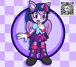 Size: 1580x1407 | Tagged: safe, artist:moesisterson, twilight sparkle, alicorn, mobian, anthro, equestria girls, g4, clothes, clothes swap, female, looking at you, open mouth, open smile, qr code, skirt, smiling, smiling at you, solo, sonic the hedgehog (series), yuji uekawa style