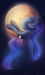 Size: 1550x2550 | Tagged: safe, artist:miryelis, princess luna, alicorn, pony, g4, ethereal mane, ethereal tail, eyes closed, female, full body, long hair, long mane, long tail, mare, moon, sky, solo, spread wings, starry mane, starry tail, stars, tail, wings