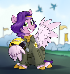 Size: 1700x1793 | Tagged: safe, artist:rutkotka, pipp petals, pegasus, pony, g5, adorapipp, air force, clothes, coat markings, cute, dog tags, eyebrows, female, grin, headband, helmet, looking at you, mare, military uniform, pilot, shadow, sitting, smiling, smiling at you, socks (coat markings), solo, solo focus, top gun, uniform, unshorn fetlocks, wing hold, wings