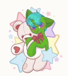 Size: 2219x2467 | Tagged: safe, artist:auroracursed, oc, oc:green byte, pony, unicorn, commission, high res, male, plushie, stallion, teddy bear, ych result