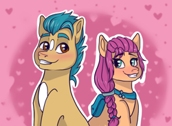 Size: 838x616 | Tagged: artist needed, source needed, safe, hitch trailblazer, sunny starscout, earth pony, pony, g5, abstract background, bag, blaze (coat marking), blushing, coat markings, duo, duo male and female, facial markings, female, grin, heart, heart background, looking at each other, looking at someone, male, mare, pale belly, saddle bag, ship:starblazer, shipping, smiling, stallion, straight