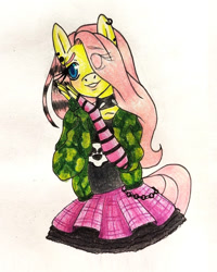 Size: 987x1231 | Tagged: safe, artist:mintytreble, fluttershy, pegasus, anthro, dtiys emoflat, g4, blushing, choker, clothes, collar, cute, draw this in your style, ear piercing, earring, equine, female, fingerless gloves, gloves, hair over one eye, half body, jewelry, piercing, shyabetes, simple background, skirt, solo, spiked choker, spiked collar, traditional art, white background